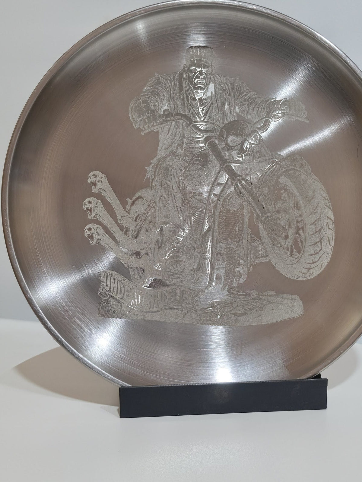 Undead Wheelie engraved stainless plate — upright view 1