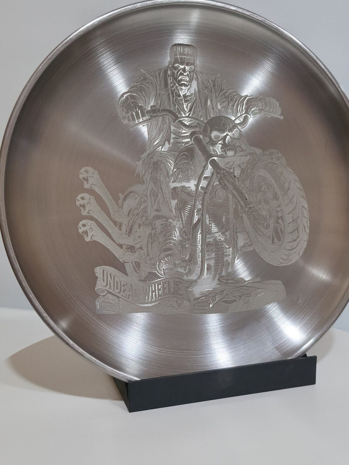 Undead Wheelie engraved stainless plate — upright view 2